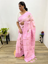 Modal Chanderi Golden Zari Floral Printed Soft Pink Saree